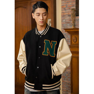 <b>Men's</b> Black And Beige PU Varsity Jacket Turn-down Collar Casual Autumn <b>Pullover</b> Style Regular Fit Solid Color - Product Image 3