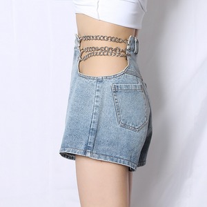 High <b>Waist</b> Denim Shorts WomenStyle Hollow Out <b>Chain</b> Detail Breathable Stonewashed Cotton Short Skirt Pants - Product Image 2