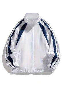 <b>Men's</b> <b>White</b> Blue Color Blocking Racer <b>Jacket</b> Zipper Closure Sporty Hooded Collar Polyester Canvas Front Logo Autumn Wear - Product Image 1
