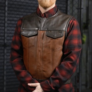 Gilet de moto en cuir véritable fait main pour homme, bicolore marron et noir, avec fermeture à boutons-pression, commande en gros - Product Image 3