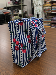 Bolsa de Lona Vintage con Estampado de Cerezas a Rayas Azules y Blancas, con Cierre de Cremallera, Estilo Preppy de Verano, para Compras y Playa - Product Image 3