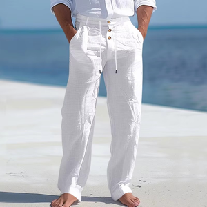 Men's Casual <b>Pants</b> Trousers Solid Color <b>Linen</b> Loose <b>Drawstring</b> Button Men's <b>Linen</b> Trousers - Product Image 1