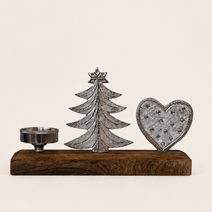 Handcrafted Metal Christmas <b>Tree</b> And Embossed Heart Tea <b>Light</b> Holder Solid Mango Wood Base Modern Rustic Holiday Table Centertop - Product Image 5