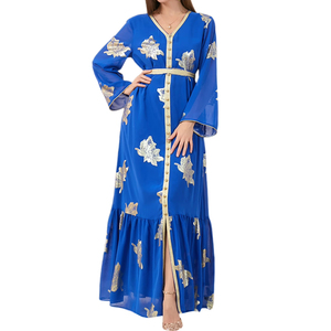 Elegante Vestido Largo de Gasa Azul con Bordado Floral Dorado, Cuello en V, Manga Farol, Corte en A, Vestido de Noche - Product Image 1