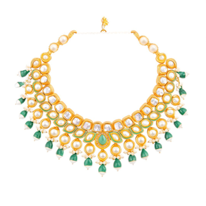 Conjunto de collar clásico chapado en oro con Kundan y cuentas, con perlas de agua dulce, diseño étnico de bolas, estilo religioso - NS496 VERDE MENTA - Product Image 2