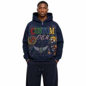 Custom Rhinestone Hoodie Men's Oversized Streetwear Navy <b>Blue</b> <b>Glitter</b> Print Front Logo Cotton FRENCH TERRY Knitted Autumn - Product Image 1