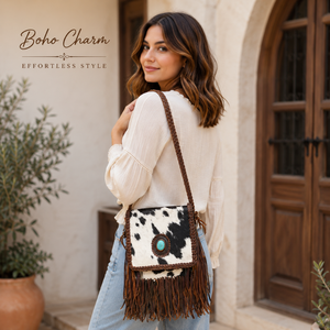 Sac bandoulière artisanal en cuir de vachette à poils, avec franges et garniture tressée, orné de concho turquoise, style western bohème pour femme - Product Image 2