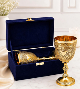 Gobelets en laiton ornés, décor argenté, doré et noir, coupes à vin avec motif floral gravé pour la décoration de table de cérémonie de mariage - Product Image 3
