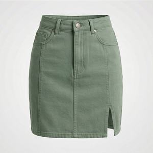 Custom Women's High Waist Denim Mini <b>Skirt</b> Solid Color Front Slit - Product Image 1