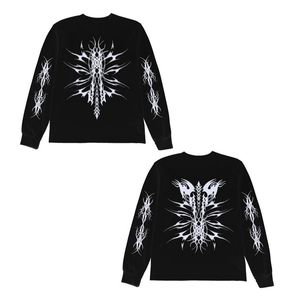 Black Long Sleeve T-Shirt <b>Men</b> Punk Style Oversized Cotton Knitted O-Neck Front Print Regular Fit Autumn Wear - Product Image 3