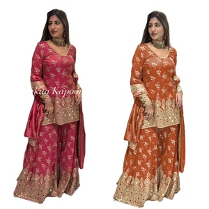 Phong Phú Đảng chức năng đám cưới mặc Faux lông vải thêu truyền thống Ấn Độ Thiết kế đa màu sắc cô dâu đặc biệt 3 mảnh phù hợp với - Product Image 1