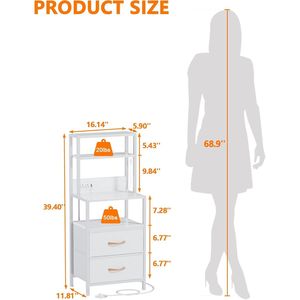 <b>Tall</b> White Nightstand with 4-Tier Shelves and 2 PU Fabric Drawers Bed Side <b>Tables</b> with Light Tube Charging Stati - Product Image 4