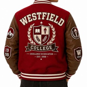 Westfield College Varsity Jacke für Herren, Rot, Wollstoff mit Lederärmeln, Besticktes Patch-Design, Preppy-Stil, Umlegekragen, Herbst - Product Image 2