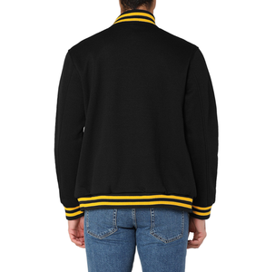 <b>Men's</b> Black <b>Varsity</b> <b>Jacket</b> With Yellow Trim Turn-down Collar Zipper Closure Preppy Style Regular Fit Autumn Wear - Product Image 4