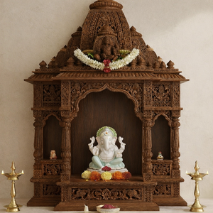 Elegante Mandir de Madera de Teca Tallado a Mano de Gran Tamaño, Templo Tradicional Marrón de Venta Caliente con Almacenamiento, Compre Unidades de Puja Personalizadas - Product Image 6