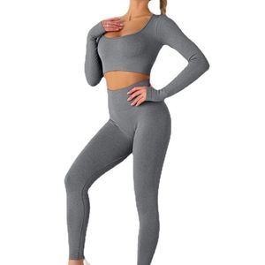 Conjunto de yoga ajustado de manga larga con top acanalado y pantalones de cintura alta, color malva, para mujer. - Product Image 5
