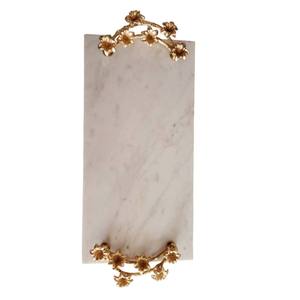 Plateau de service rectangulaire en marbre blanc de luxe, écologique, décoratif pour mariage, avec poignées dorées en forme de fleur, moderne et élégant, pour la maison et la cuisine - Product Image 2