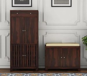 Zapatero de madera con asiento, mueble zapatero de madera maciza para el hogar, zapatero grande con puerta, armario de almacenamiento para sala de estar - Product Image 1