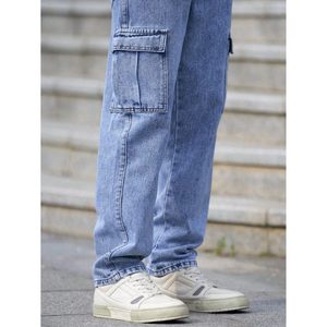Jean cargo en denim multipoches pour homme, bleu glace, style vintage moderne tendance, style streetwear, respirant, taille 28 à 42 - Product Image 2