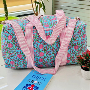 Quilted Cotton Weekender Travel <b>Bag</b> Large Shoulder Tote With Zipper Lightweight <b>Overnight</b> Duffle for Women - Product Image 1