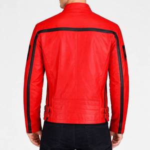 Lorenzo Red Stripped Caf <b>Racer</b> <b>Jacket</b> Genuine Leather Streetwear Style Men's - Café <b>Racer</b> <b>Jacket</b> Red Leather - Product Image 3