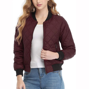 Good Quality Solid Color <b>Women's</b> Quilted Bomber <b>Jacket</b> Burgundy Stand Collar Zipper Coat Black Ribbed Cuffs Varsity <b>Jacket</b> - Product Image 4