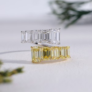 Anillo de diamantes amarillos y blancos con corte esmeralda, diseño de doble tono, tipo brazalete abierto, anillos de boda modernos para mujer con diamantes cultivados en laboratorio. - Product Image 1