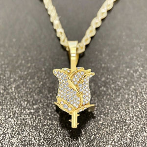 Hip Hop Luxury Iced Rose Pendant <b>Necklace</b> 10K <b>Solid</b> Gold Plated Moissanite Custom Flower Jewelry Gifts Women customized charm - Product Image 1