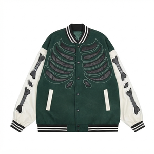 custom green wool body <b>white</b> leather sleeves skeleton bone patch varsity <b>jacket</b> wholesale <b>men</b> streetwear hip hop letterman outer - Product Image 1