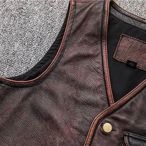 Gilet en cuir vintage pour homme style streetwear, 100 % cuir, col en V, fermeture boutonnée simple, couleur unie, vêtement d'extérieur pour l'automne - Product Image 5