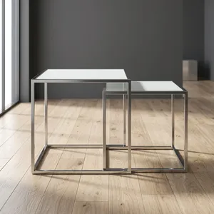 Modern Nesting <b>Side</b> <b>Tables</b> with <b>Glass</b> Top and Brass Metal Frame Living Room Furniture Decorative Accent <b>Table</b> - Product Image 6