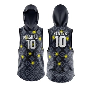 Custom Hooded Basketball Jersey Set Black Gray Yellow Pattern Player 10 Mashadi Printed Sleeveless <b>Top</b> <b>Shorts</b> Uniform - Product Image 4