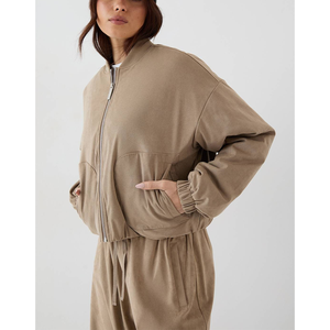 Sweat à capuche en molleton bouclette de coton épais, style modeste, épaules tombantes, impression en relief, grammage lourd 350 GSM, sans cordon, fermeture éclair, vente en gros - Product Image 4