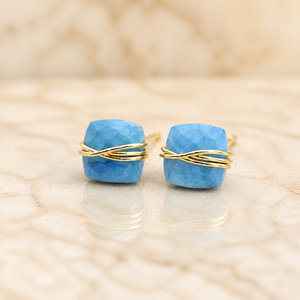 Boucles d'oreilles clous en turquoise faites à la main, enroulées de fil, taille coussin, pierres précieuses facettées, pour femmes, bijoux personnalisés OEM, vente en gros - Product Image 4