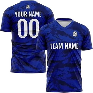 ชุดฟุตบอลสั่งทำสีน้ำเงิน พิมพ์ลายแบบซับลิเมชั่น เสื้อทีมพร้อมกางเกงขาสั้น ชุดสำหรับผู้ใหญ่ ใส่ได้ทั้งชายและหญิง ระบายอากาศได้ดี ผลิตจากโพลีเอสเตอร์ ชุดกีฬา - Product Image 3
