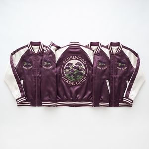 Factory Direct Plum Ivory Satin Varsity Jacket Zip Up Custom Embroidered Elderwood Herbal Guild Baseball <b>Coat</b> - Product Image 1