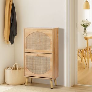 Scarpiera a 2 livelli inclinabile in MDF con Triamina 54*24*98cm colore legno naturale con superficie in rattan arcuato - Product Image 2