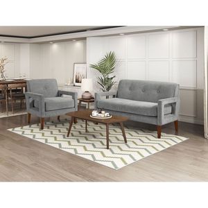 Set di Divano a Due Posti Moderno per Soggiorno, Rivestimento in Ciniglia Grigia con Molle Insacchettate, Gambe in Legno Massello - Product Image 1