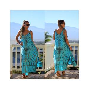Vestido largo tie-dye azul cielo para mujer, vestido playero bohemio de rayón, sin mangas, fluido, para vacaciones de verano - Product Image 2