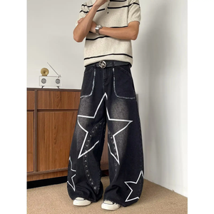 <b>Men's</b> <b>Wide</b> <b>Leg</b> Star Print High Waist Denim <b>Jeans</b> Cotton Midweight Stonewashed Sand Wash Casual ODM Customizable Buttons Logo - Product Image 1