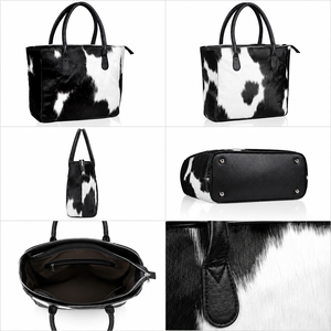 Bolso de cuero de vaca con pelo, diseño de estampado animal en blanco y negro, hecho a mano con asa superior, opción personalizada disponible - Product Image 4