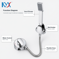 Pommeau de douche carré avec flexible de douche renforcé, support métallique et petite vanne mélangeuse électroplaquée