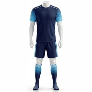 Ensemble de maillots de football unisexe bleu foncé avec accents bleu clair, manches courtes, col en V, évacuation de l'humidité, séchage rapide, imprimé par sublimation, élastique - Product Image 1