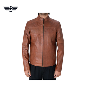 Blouson moto en cuir véritable marron pour homme, col montant, fermeture éclair, coupe ajustée, couleur unie, pour l'automne, service OEM - Product Image 1