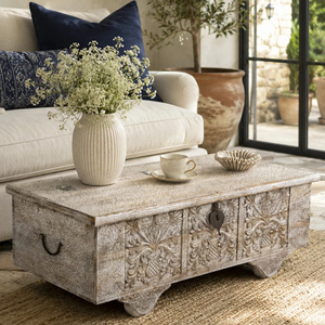 Heritage Vintage Design Solid Mango Wood Box Style <b>Storage</b> <b>Square</b> Shape Crackle White finish Home Villa Living Room <b>Coffee</b> <b>Table</b> - Product Image 1