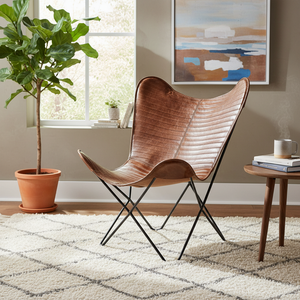 Fauteuil papillon de luxe en cuir véritable fait main avec structure métallique, fauteuil d'appoint moderne pour salon et bureau à domicile - Product Image 3