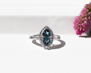 London Blue Topaz Gemstone Marquise-Cut Halo <b>Statement</b> <b>Ring</b> in 925 <b>Silver</b> minimilest jewelry For Luxury Look - Product Image 4
