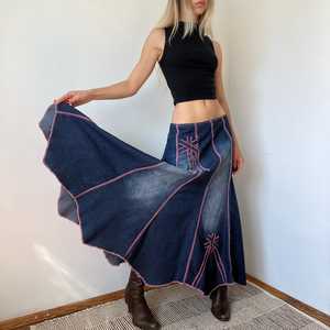 Women's Denim Maxi <b>Skirt</b> Asymmetric <b>Patchwork</b> Embroidery A-Line Loose Fit Stonewashed Cotton Casual Autumn Wear - Product Image 1
