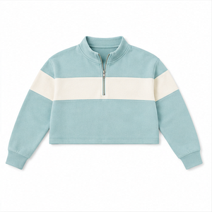 Sweat-shirt court pour femme personnalisable bleu glace, coupe décontractée, demi-zip, avec bande contrastante en molleton de coton - Product Image 5
