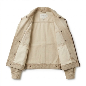 Blouson Biker Homme en Toile Lavée Beige Sable avec Fermeture Éclair Asymétrique, Style Vintage Usé, en Coton Épais, Col Revers, Veste Décontractée Type Trucker - Product Image 5